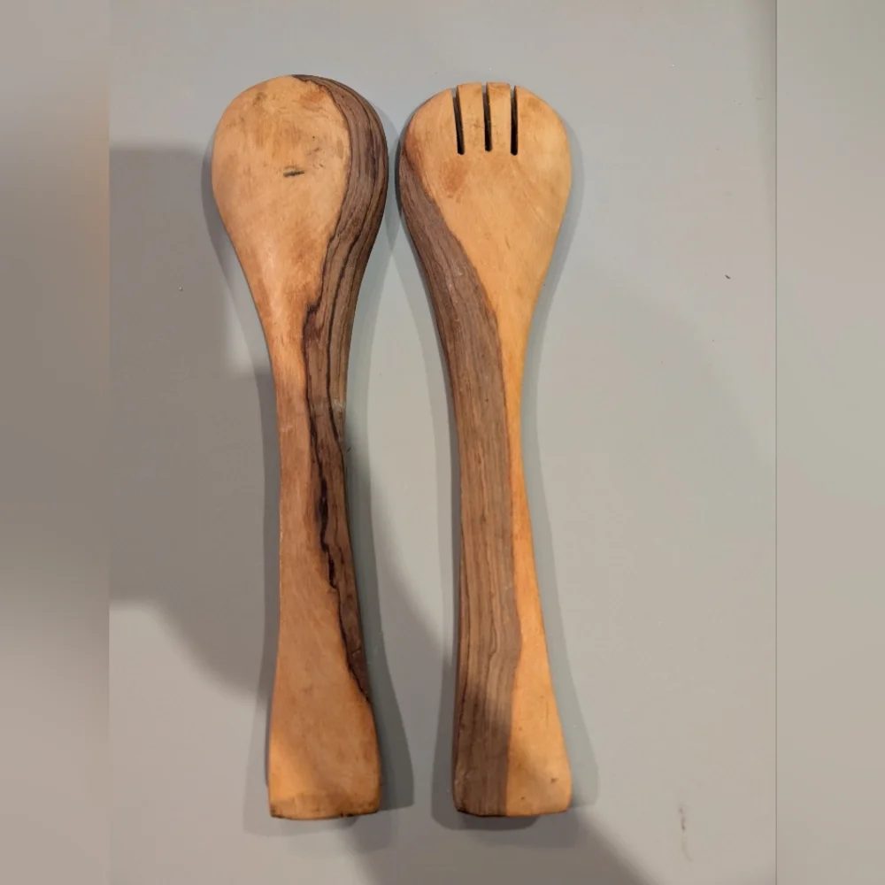 Olive Wood Salad Server Set with Hand Craved Floral Inlay - Picture 2 of 2